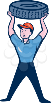 Illustration of a tireman mechanic holding tire over head looking to the side set on isolated white background done in cartoon style. 
