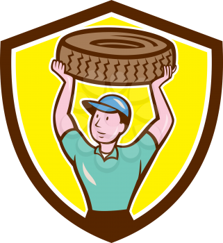 Illustration of a tireman mechanic holding tire over head looking to the side set inside crest shield on isolated background done in cartoon style.