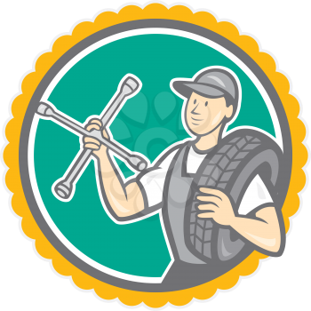 Illustration of a tireman mechanic holding tire wrench and tire on shoulder set inside rosette shape on isolated background done in cartoon style.