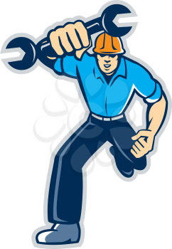Illustration of a mechanic running holding spanner wrench pumping fist on isolated white background done in retro style.