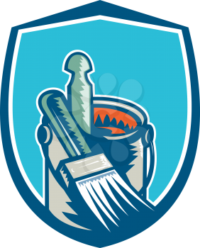 Illustration of a painter paint brush and paint tin can with stirrer inside set inside shield crest on isolated background done in retro style.