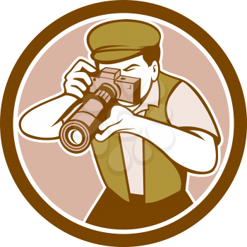 Illustration of a photographer shooting aiming with vintage camera set inside circle on isolated background done in cartoon style.