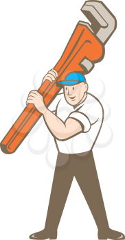 `Illustration of a plumber carrying monkey wrench on shoulder set on isolated white background one in cartoon style.