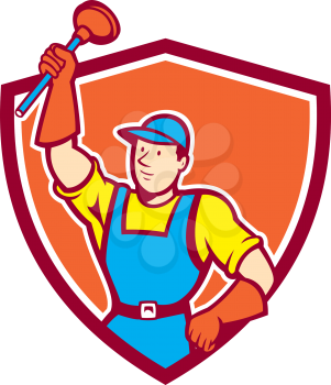 Illustration of a plumber holding plunger upwards set inside shield crest on isolated background done in cartoon style. 