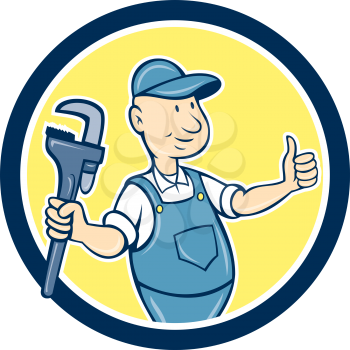 Illustration of a plumber thumbs up holding monkey wrench set inside circle on isolated background done in cartoon style.