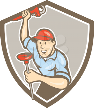 Illustration of a plumber holding monkey wrench raised high and plunger viewed from front set inside shield crest done in cartoon style on isolated background. 