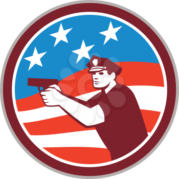 Illustration of a policeman police officer pointing shooting gun facing side set inside circle with american stars and stripes flag in the background done in retro style. 