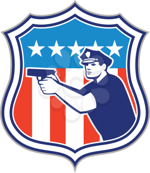 Illustration of a policeman police officer pointing shooting gun facing side set inside shield crest with american stars and stripes flag in the background done in retro style. 