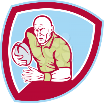 Illustration of a rugby player with ball running charging set inside shield crest done in cartoon style on isolated background.