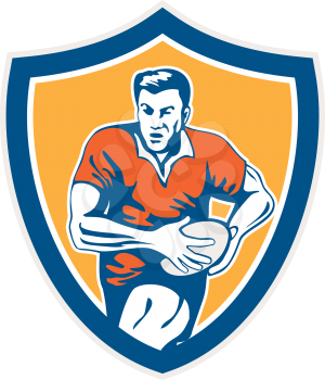 Illustration of a rugby player holding ball running charging set inside shield crest on isolated background done in retro style. 