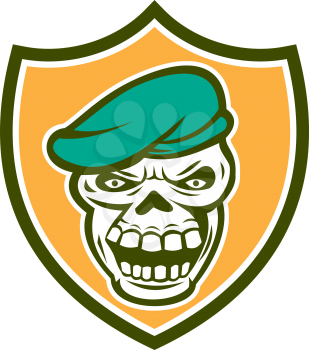 Illustration of a skull wearing beret set inside shield crest on isolated background done in retro style. 