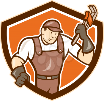Illustration of a plumber in overalls and hat holding monkey wrench set inside shield crest on isolated background done in cartoon style.