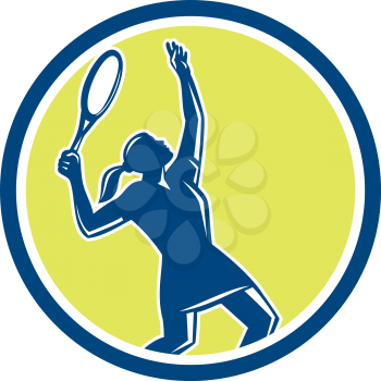 Illustration of a female tennis player holding racquet serving set inside circle shape on isolated background done in retro style. 