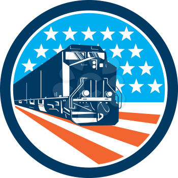 Illustration of a diesel train viewed from front set inside circle with american stars and stripes in the background done in retro style.