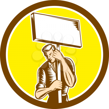 Illustration of a protester activist unionist union worker striking holding up a placard sign set inside circle on isolated background done in retro woodcut style. 