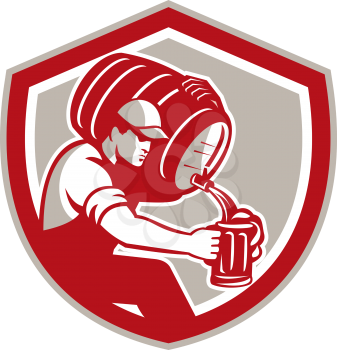 Illustration of a bartender worker carrying barrel pouring into pitcher set inside shield crest on isolated background done in retro style. 