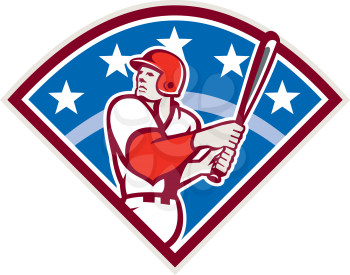 Illustration of a american baseball player batter hitter looking up holding bat ready to hit set inside diamond shape with stars and stripes in the background done in retro style.