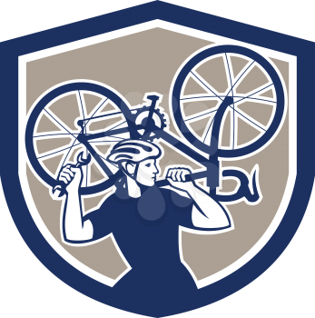 Illustration of a cyclist bicycle mechanic carrying racing bike on shoulder holding spanner wrench looking to side set inside shield crest shape done in retro style.