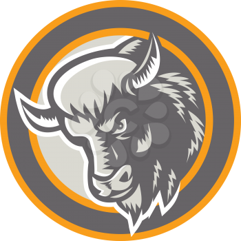 Illustration of an angry American buffalo bison bull head facing to side set inside circle done in retro woodcut style on isolated background.