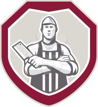Illustration of a butcher cutter worker with meat cleaver knife facing front set inside shield crest on isolated background.