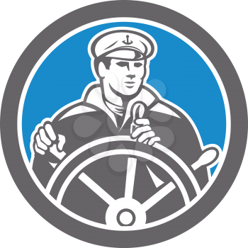 Illustration of a fisherman sea captain at the wheel helm facing front set inside circle done in retro style.