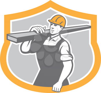 Illustration of a carpenter builder carry carrying lumber on shoulder set inside shield crest shape on isolated background.

