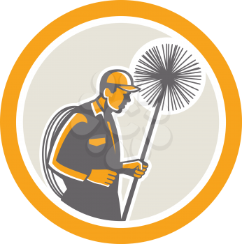 Illustration of a chimney sweep holding sweeper and rope viewed from side set inside circle on isolated background done in retro style.