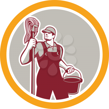 Illustration of a janitor cleaner worker holding mop and water bucket pail viewed from front set inside circle on isolated background done in retro style.