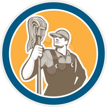 Illustration of a janitor cleaner worker holding mop standing viewed from front set inside circle on isolated background done in retro style. 