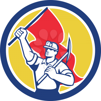 Illustration of a coal miner with hardhat holding pick axe on shoulder and flag set inside circle on isolated background done in retro style.