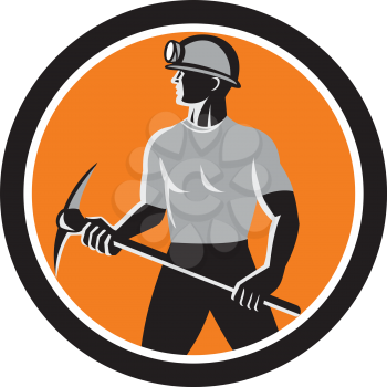 Illustration of a coal miner wearing hardhat with pick axe facing front set inside oval done in retro style.