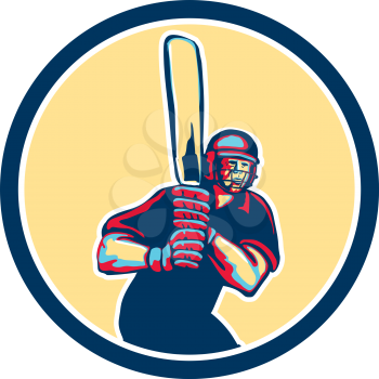 Illustration of a cricket player batsman with bat batting facing front set inside circle done in retro style on isolated background. 