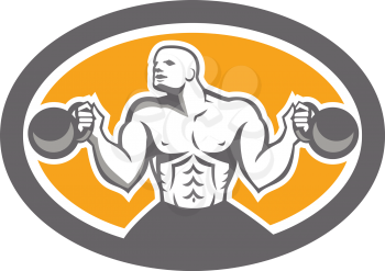 Illustration of a bodybuilder athlete muscle-up lifting kettlebell facing front set inside oval shape done in retro style on isolated white background
