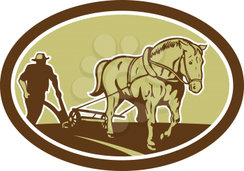 Illustration of farmer and horse plowing farmer field viewed from front set inside oval shape done in retro woodcut style on isolated background.