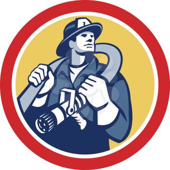 Illustration of a fireman fire fighter emergency worker holding fire hose over his shoulder viewed from front set inside circle done in retro style.