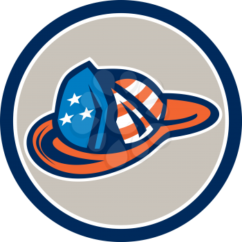Illustration of a fireman hat helmet with usa stars and stripes design set inside circle on isolated white background done in retro style.
