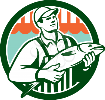 Illustration of a butcher fishmonger worker holding fish set inside circle done in retro style.