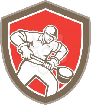 Illustration of a foundry worker holding a ladle facing front set inside shield shape done in retro style.