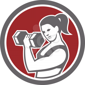 Illustration of a female athlete muscle-up lifting dumbbell facing front set inside circle shape done in retro style on isolated white background