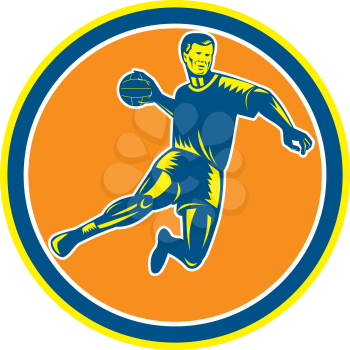 Illustration of a handball player jumping throwing ball scoring set inside circle on isolated background done in retro woodcut style
