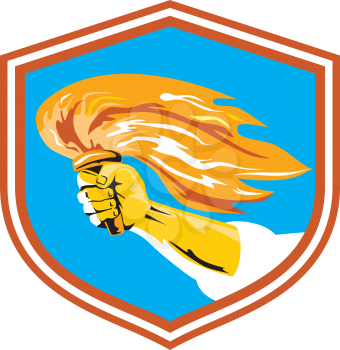 Illustration of a hand holding a burning flame flaming torch set inside shield crest done in retro style.
