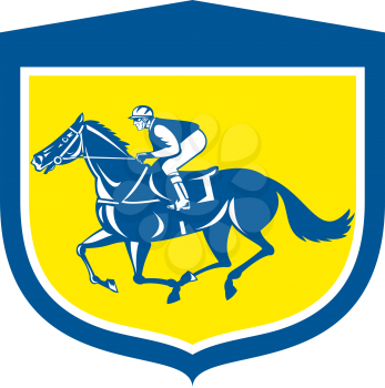 Illustration of horse and jockey racing viewed from side set inside shield crest shape on isolated background done in retro style.