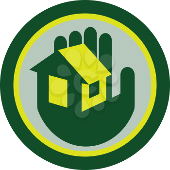 Illustration of a palm of hand holding a house set inside circle on isolated background.