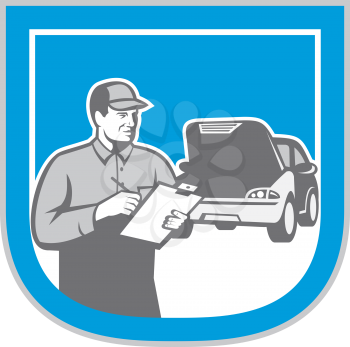Illustration of an auto mechanic automobile car vehicle repair check set inside shield done in retro style.