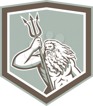 Illustration of Roman god of sea Neptune or Poseidon of Greek mythology holding a trident set inside shield crest on isolated white background.