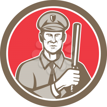 Illustration of a policeman police officer with night stick baton facing front set inside circle on isolated background done in retro style.