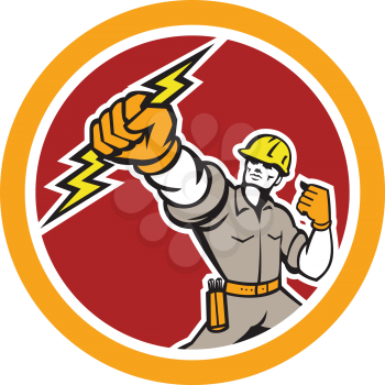 Illustration of an electrician construction worker power lineman wielding holding a lightning bolt set inside circle done in retro style on isolated white background.