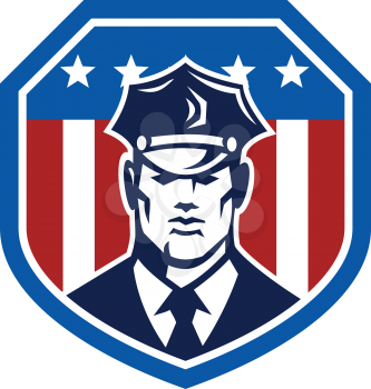 Illustration of a police officer policeman security guard facing front set inside shield with American Stars and Stripes flag on isolated white background.
