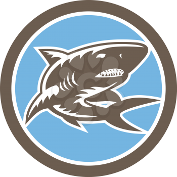 Illustration of a shark swimming set inside circle on isolated background done in retro woodcut style.