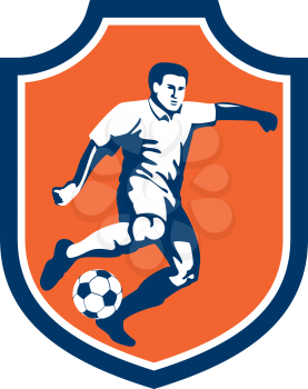 Illustration of a soccer football player kicking soccer ball set inside shield crest done in retro style.